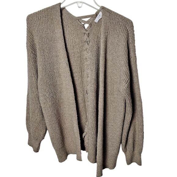 E+M Women Small Beige Oatmeal Open Front Lace up Back Oversized Cardigan Sweater - Picture 2 of 8